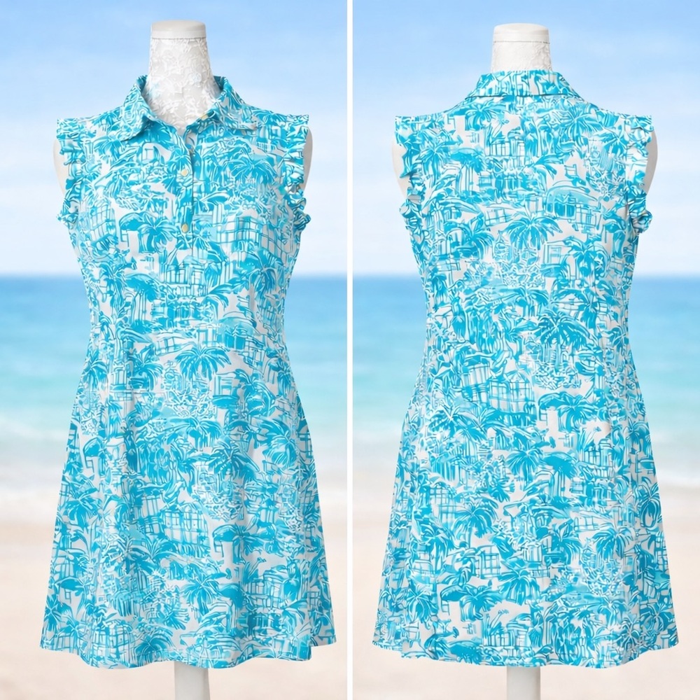 Lilly Pulitzer Silvia Dress Sway This Way Print Blue Turquoise Size Medium - Picture 2 of 6
